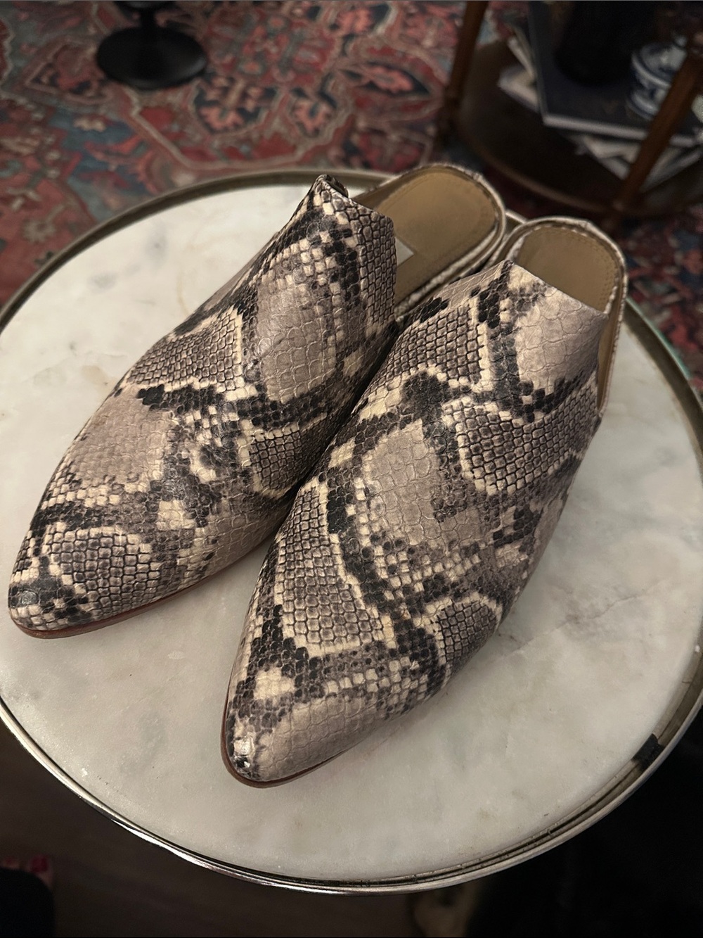 Steven By Steve Madden Snake-Print Slip-On Mules in Beige and Black